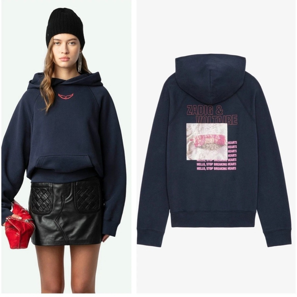 Zadig&Voltaire Georgy Rhinestone Embellished Print Hoodie Sweatshirt Navy Blue S